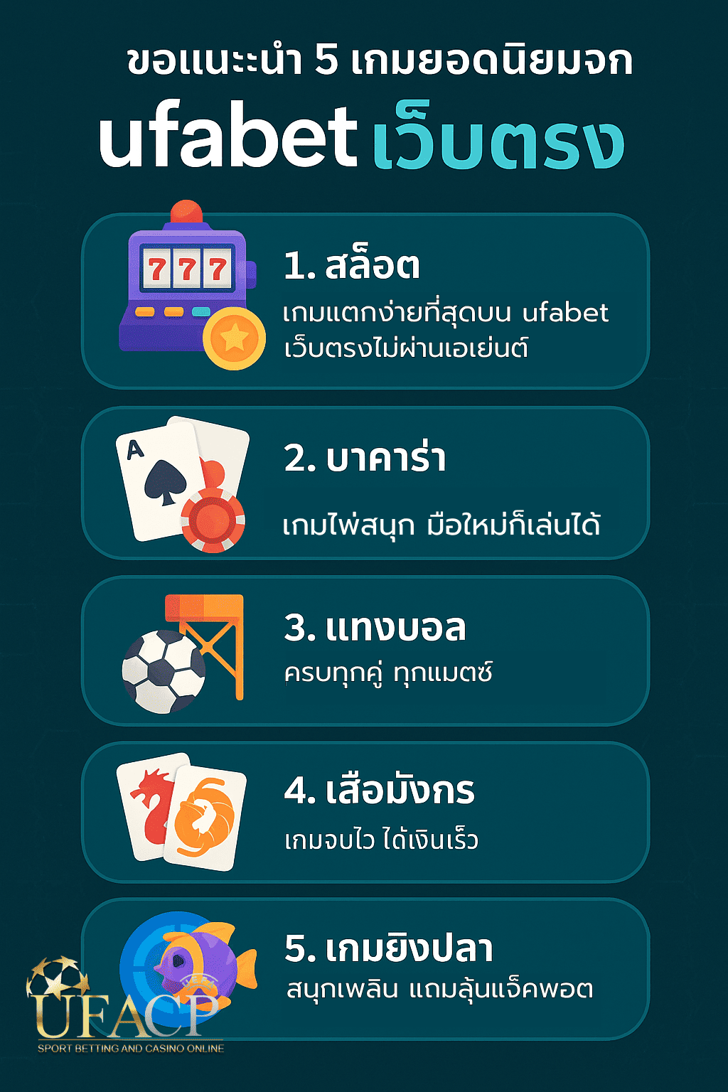 อินโฟกราฟิกแนะนำ 5 เกมยอดนิยมจาก ufabet เว็บตรง รวมถึง สล็อต บาคาร่า แทงบอล เสือมังกร และเกมยิงปลา พร้อมไอคอนประกอบ และคำอธิบายแบบกระชับในดีไซน์สีฟ้าน้ำเงินเข้ม