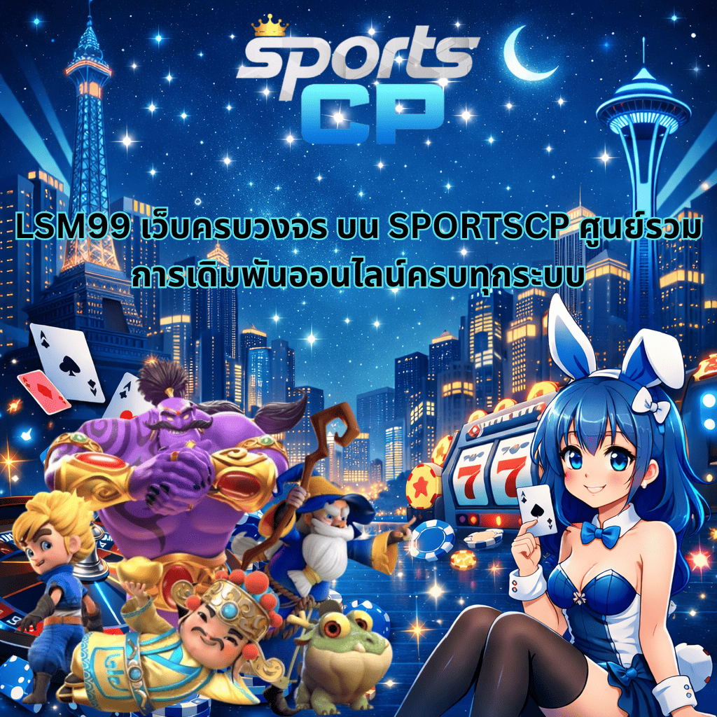 ภาพหน้าปก LSM99 เว็บครบวงจร บน SPORTSCP โทนสีน้ำเงินสไตล์ Las Vegas ยามค่ำคืน มีฉากเมืองแสงไฟ คาสิโน สล็อต 777 ชิป ไพ่ และตัวละครอนิเมะน่ารักอยู่มุมล่างขวา สื่อถึงศูนย์รวมการเดิมพันออนไลน์ครบทุกระบบ”