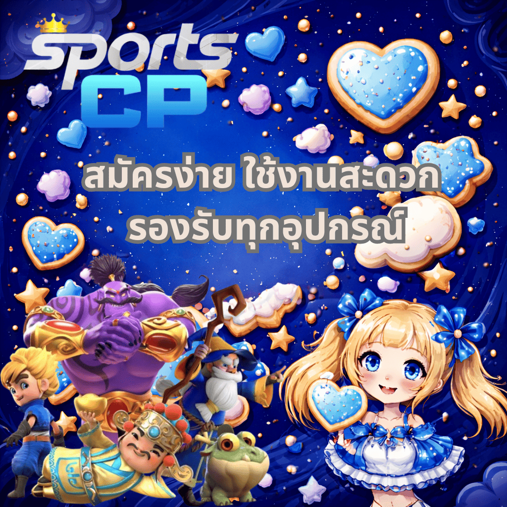 ภาพกราฟิกโทนสีน้ำเงินเข้มแนวชูการ์คุกกี้ มีโลโก้ SportsCP และข้อความ “สมัครง่าย ใช้งานสะดวก รองรับทุกอุปกรณ์” ตกแต่งด้วยคุกกี้รูปหัวใจ ดาว และเมฆ พร้อมตัวละครแฟนตาซีหลายตัว และเด็กผู้หญิงสไตล์อนิเมะถือคุกกี้อยู่มุมขวาล่าง ให้บรรยากาศสดใสหรูหราแบบพรีเมียม