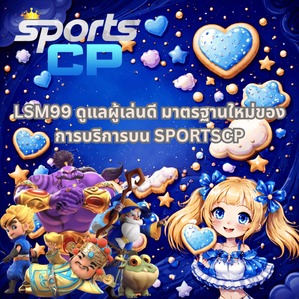 ภาพปกโทนสีน้ำเงินเข้มแนวชูการ์คุกกี้ มีโลโก้ SportsCP และข้อความ “LSM99 ดูแลผู้เล่นดี มาตรฐานใหม่ของการบริการบน SPORTScp” รายล้อมด้วยคุกกี้รูปหัวใจและดาว พร้อมตัวละครการ์ตูนแฟนตาซีและเด็กผู้หญิงสไตล์อนิเมะถือคุกกี้อยู่มุมขวาล่าง ดูสดใสพรีเมียม