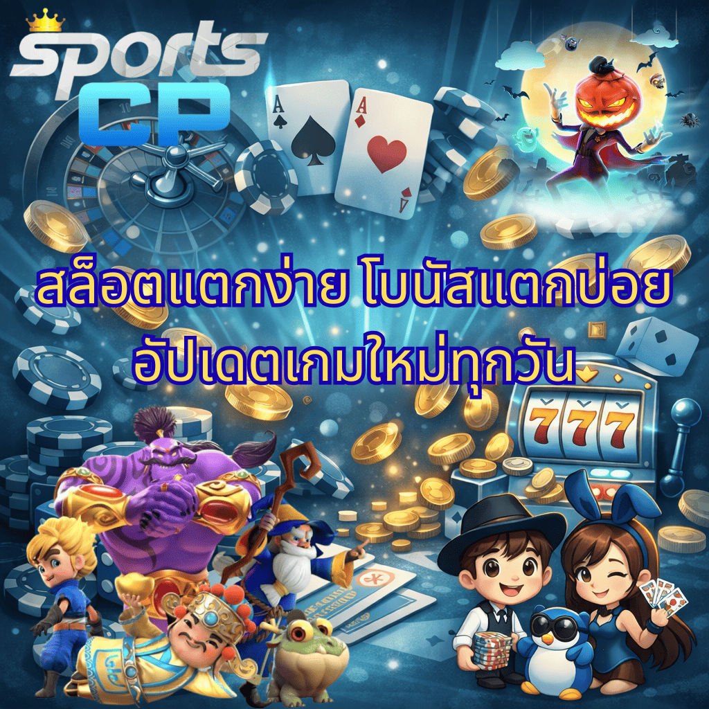 ภาพกราฟิกแนวคาสิโนการ์ตูน โทนสีฟ้า–น้ำเงิน มีรูเล็ต ไพ่ เหรียญทอง ชิป และตู้สล็อต 777 พร้อมตัวละครการ์ตูนแฟนตาซีหลายตัว เช่น ยักษ์ พ่อมด เด็กชาย เด็กผู้หญิง และฟักทองฮาโลวีน ข้อความกลางภาพ “สล็อตแตกง่าย โบนัสแตกบ่อย อัปเดตเกมใหม่ทุกวัน” และโลโก้ Sports CP ด้านบนซ้าย