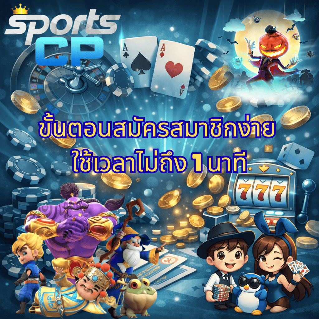 ภาพกราฟิกแนวคาสิโนการ์ตูน โทนสีฟ้า–น้ำเงิน มีรูเล็ต ไพ่ เหรียญทอง ชิป และตู้สล็อต 777 พร้อมตัวละครการ์ตูนแฟนตาซีหลายตัว เช่น ยักษ์ พ่อมด เด็กชาย เด็กผู้หญิง และฟักทองฮาโลวีน ข้อความกลางภาพ “ขั้นตอนสมัครสมาชิกง่าย ใช้เวลาไม่ถึง 1 นาที” และโลโก้ Sports CP ด้านบนซ้าย