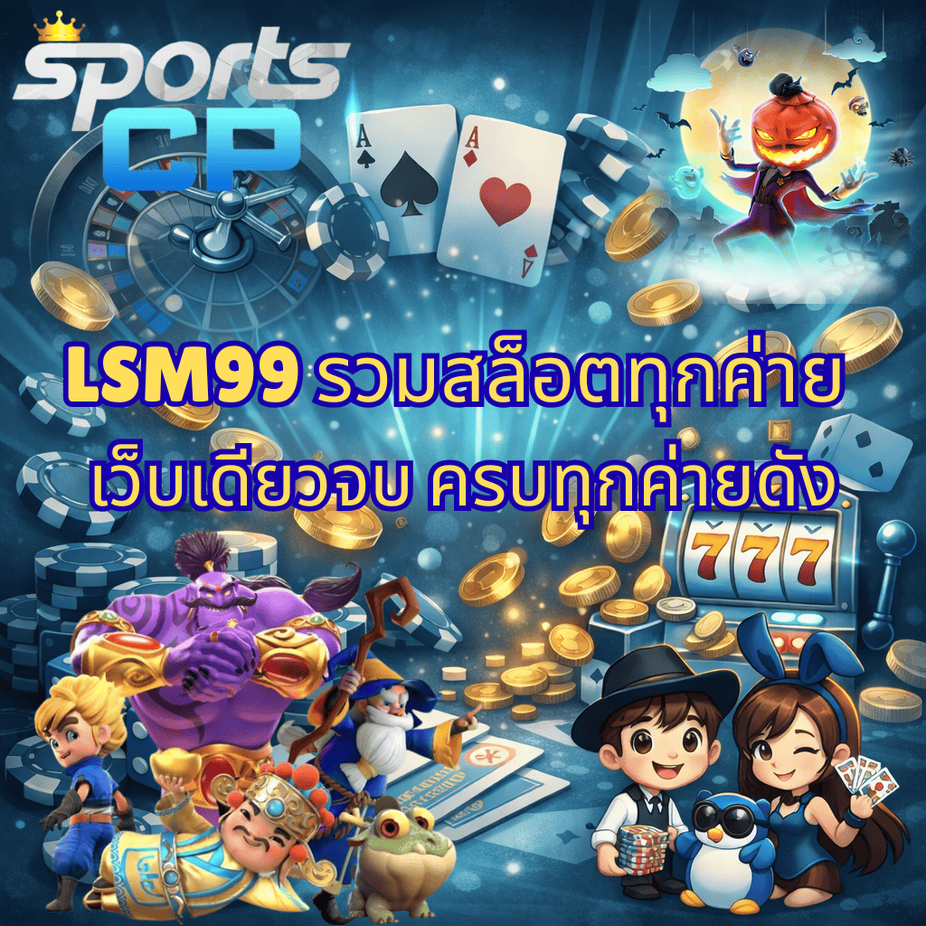 ภาพกราฟิกแนวคาสิโนการ์ตูน โทนสีฟ้า–น้ำเงิน มีชิป เหรียญ ไพ่ รูเล็ต และตู้สล็อต 777 พร้อมตัวละครการ์ตูนน่ารักหลายตัว ข้อความกลางภาพ “LSM99 รวมสล็อตทุกค่าย เว็บเดียวจบ ครบทุกค่ายดัง” และโลโก้ Sports CP ด้านบนซ้าย