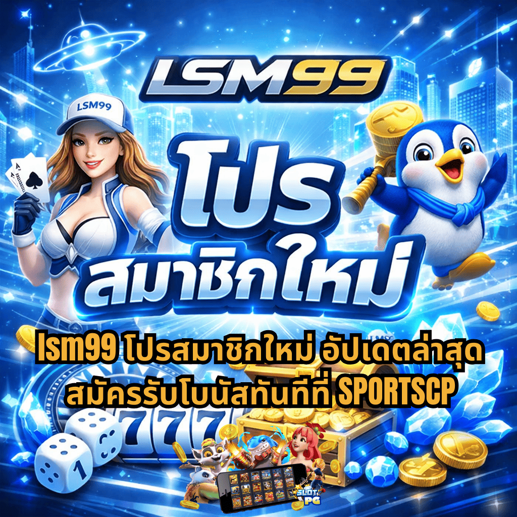 ภาพกราฟิกโปรโมชันธีมคาสิโนโทนสีฟ้า–ขาวล้ำสมัย มีฉากเมืองอนาคตเรืองแสง กล่องสมบัติทองคำ เหรียญทอง คริสตัลสีน้ำเงิน ลูกเต๋า และสล็อตตัวเลข 777 พร้อมตัวการ์ตูนผู้หญิงสวมหมวกและเพนกวินถือค้อนทอง ด้านหน้ามีข้อความเกี่ยวกับโปรสมาชิกใหม่ของ LSM99 และการสมัครรับโบนัสผ่าน SPORTSCP
