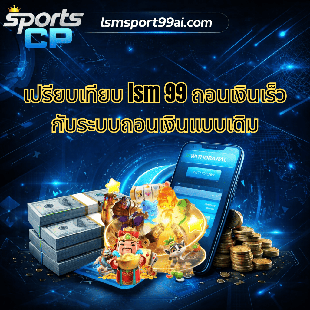 ภาพกราฟิกโปรโมตเว็บไซต์ lsmsport99ai.com โทนสีน้ำเงิน-ดำ สไตล์ดิจิทัล มีโลโก้ Sports CP และข้อความ “เปรียบเทียบ lsm 99 ถอนเงินเร็ว กับระบบถอนเงินแบบเดิม” แสดงภาพสมาร์ทโฟนหน้าจอถอนเงิน กองธนบัตร เหรียญทอง และตัวละครเกมสล็อต สื่อถึงระบบถอนเงินรวดเร็วและเทคโนโลยีที่ทันสมัย
