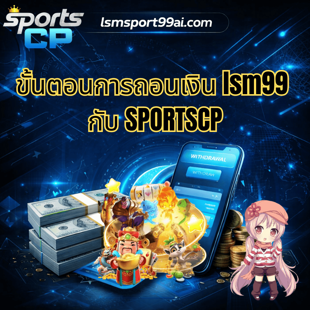 ภาพกราฟิกโปรโมตเว็บไซต์ lsmsport99ai.com โทนสีน้ำเงิน-ดำ สไตล์ดิจิทัล มีโลโก้ Sports CP และข้อความ “ขั้นตอนการถอนเงิน lsm99 กับ SPORTSCP” แสดงภาพสมาร์ทโฟนหน้าจอถอนเงิน กองธนบัตร เหรียญทอง ตัวละครเกมสล็อต และตัวการ์ตูนน่ารักด้านขวา สื่อถึงระบบถอนเงินที่ใช้งานง่าย รวดเร็ว และทันสมัย