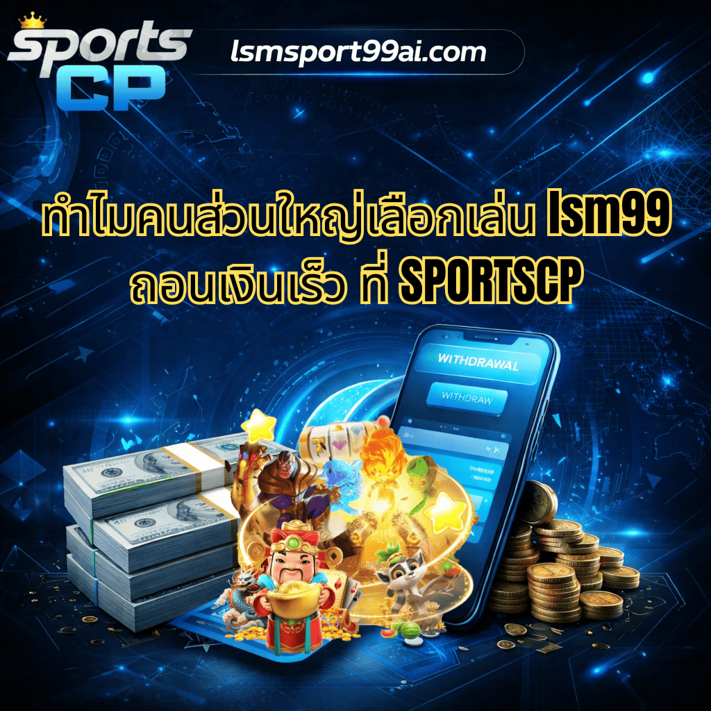 ภาพกราฟิกโปรโมตเว็บไซต์ lsmsport99ai.com โทนสีน้ำเงิน-ดำ สไตล์ดิจิทัล แสดงข้อความ “ทำไมคนส่วนใหญ่เลือกเล่น lsm99 ถอนเงินเร็ว ที่ SPORTSCP” พร้อมโลโก้ Sports CP มีภาพสมาร์ทโฟนหน้าจอถอนเงิน กองธนบัตร เหรียญทอง และตัวละครเกมคาสิโนล้อมรอบ สื่อถึงระบบถอนเงินรวดเร็วและความทันสมัยของแพลตฟอร์ม