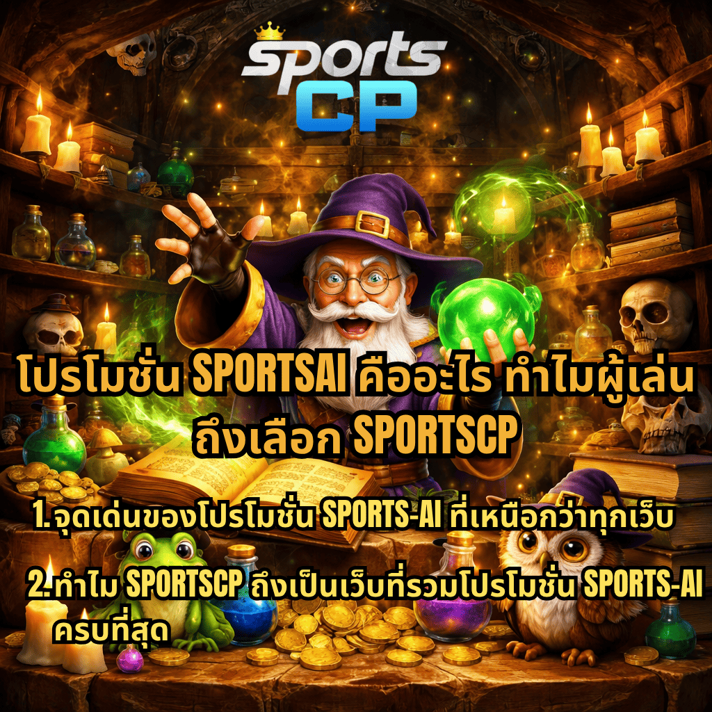 ภาพปกธีม Wizdom Wonders พ่อมดกำลังถือพลังเวทสีเขียวในห้องทดลองเวทมนตร์ รายล้อมด้วยขวดยา หนังสือ เทียน และเหรียญทอง พร้อมข้อความ “โปรโมชั่น SPORTSAI คืออะไร ทำไมผู้เล่นถึงเลือก SPORTSCP” และหัวข้อจุดเด่นโปรโมชั่น SPORTS-AI ของเว็บ SPORTSCP