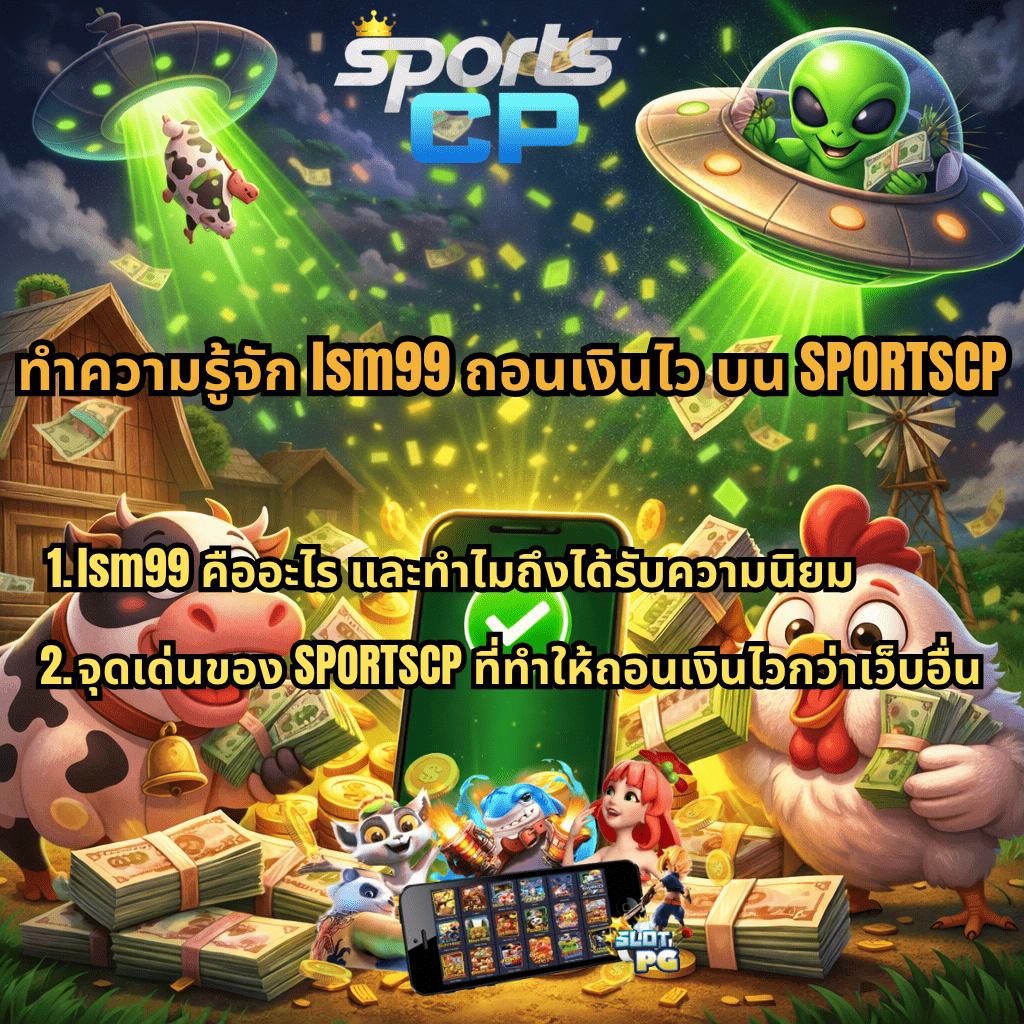 ภาพปกธีม Farm Invaders มีเอเลี่ยนขับ UFO ลักพาวัวจากฟาร์ม พร้อมตัวการ์ตูนวัวและไก่ถือเงินจำนวนมาก มีมือถือแสดงสัญลักษณ์ยืนยันการทำรายการ รายล้อมด้วยเหรียญและธนบัตร พร้อมข้อความแนะนำ LSM99 ถอนเงินไว บน SPORTSCP และหัวข้อเกี่ยวกับความนิยมและจุดเด่นของระบบถอนเงินไว
