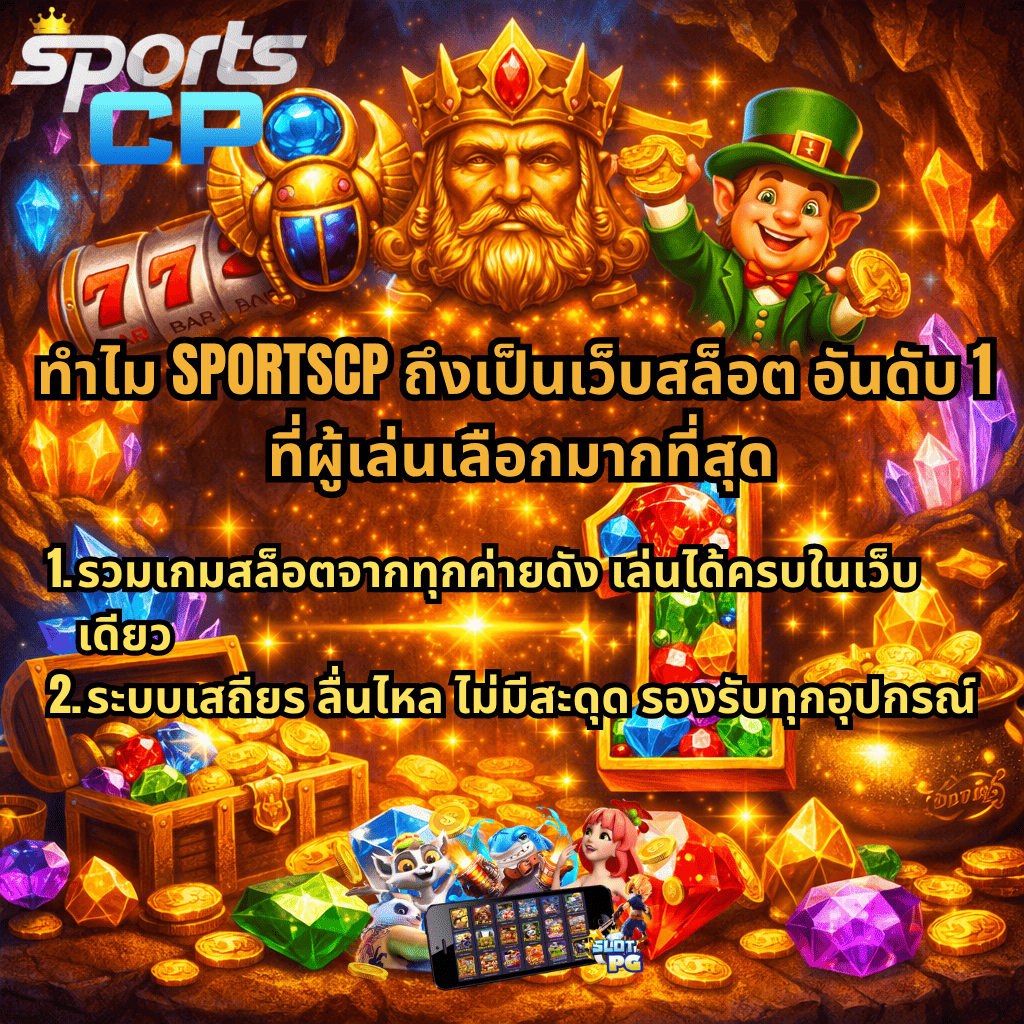 ภาพโปรโมตเว็บสล็อต อันดับ 1 SPORTSCP ธีม Gemstones Gold ถ้ำสมบัติเต็มไปด้วยทองคำ อัญมณี หีบสมบัติ มงกุฎทอง ตัวละครสล็อต พร้อมข้อความแนะนำรวมเกมสล็อตทุกค่าย ระบบเสถียร เล่นลื่น รองรับทุกอุปกรณ์ และภาพมือถือแสดงเกมสล็อต PG