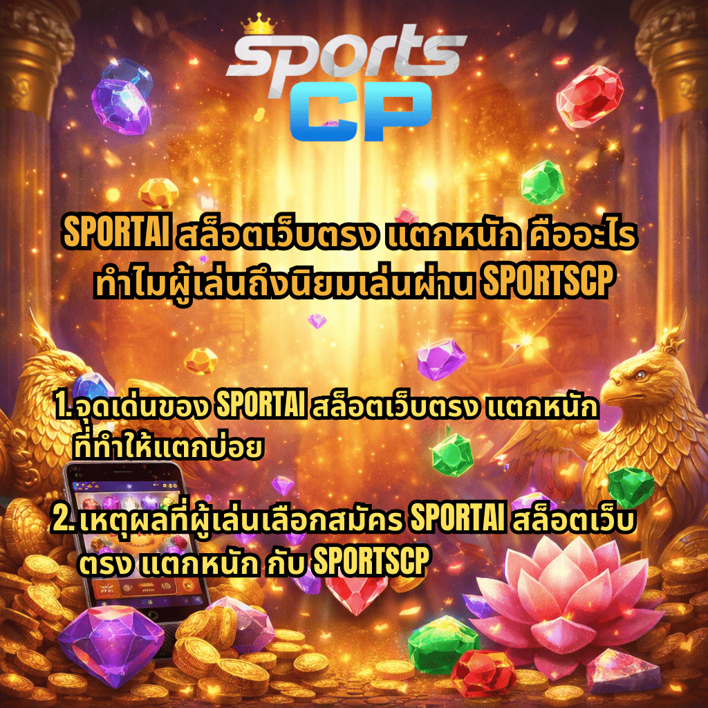 ภาพโปรโมท SPORTAI สล็อตเว็บตรง แตกหนัก บนเว็บไซต์ SPORTSCP พื้นหลังธีมอัญมณีและทองคำ มีมือถือเกมสล็อตและรูปนกทอง พร้อมข้อความอธิบายจุดเด่นของ SPORTAI สล็อตเว็บตรง แตกหนัก และเหตุผลที่ผู้เล่นนิยมสมัครเล่นผ่าน SPORTSCP