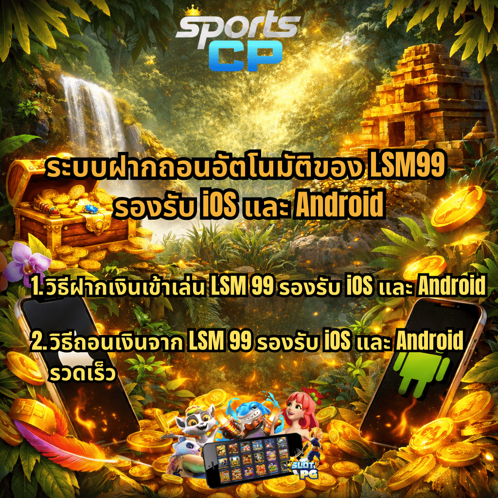 ภาพโปรโมตระบบฝากถอนอัตโนมัติของ LSM99 รองรับ iOS และ Android พื้นหลังธีมป่าลึกลับมีน้ำตก วิหารโบราณ และสมบัติทองคำ พร้อมสมาร์ทโฟนสัญลักษณ์ Apple และ Android แสดงข้อความวิธีฝากเงินและถอนเงินผ่าน SPORTSCP สำหรับผู้เล่นสล็อตมือถือ