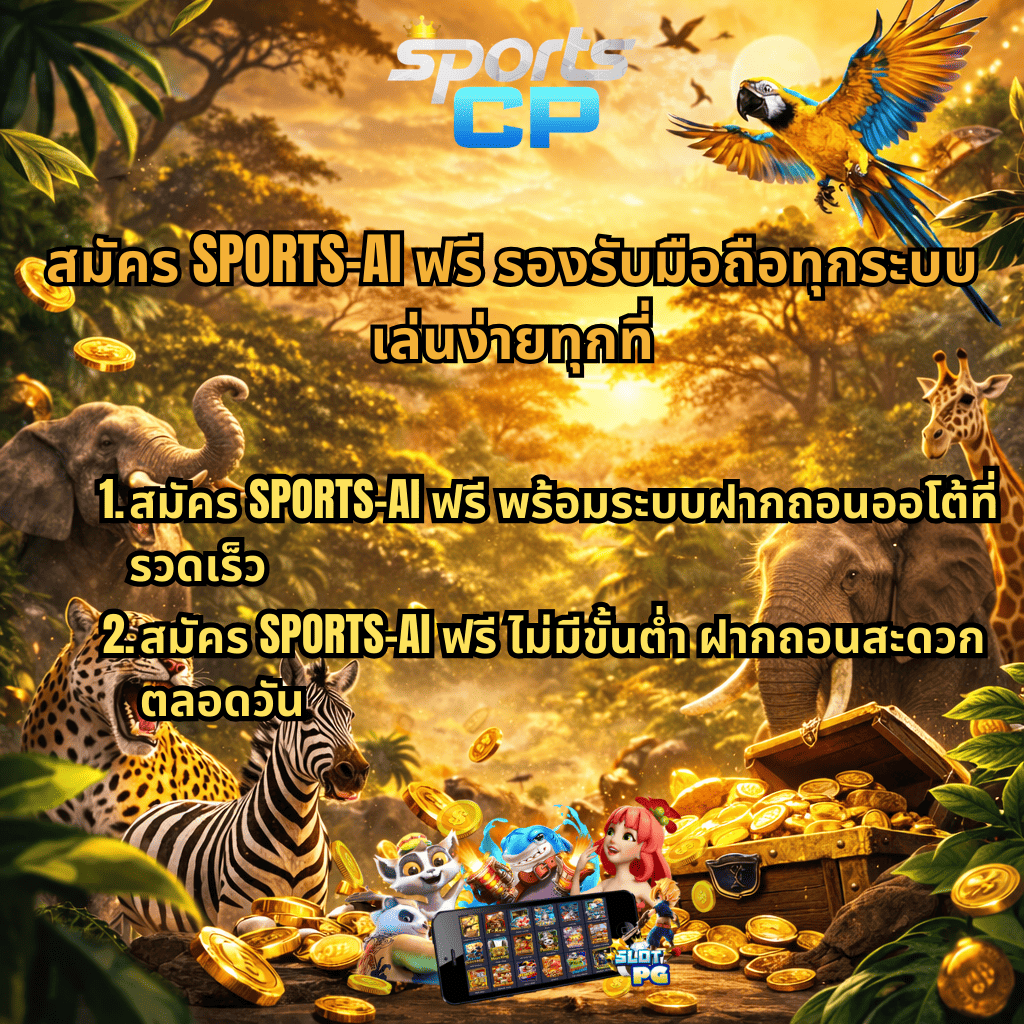 ภาพโปรโมทธีมซาฟารีโทนสีทอง มีโลโก้ SportsCP ด้านบน ฉากป่าพร้อมสัตว์ป่า เช่น สิงโต ช้าง เสือดาว ม้าลาย ยีราฟ และนกแก้ว รายล้อมหีบสมบัติและเหรียญทอง พร้อมข้อความ สมัคร SPORTS-AI ฟรี รองรับมือถือทุกระบบ เล่นง่ายทุกที่ และรายละเอียดสมัครฟรี ระบบฝากถอนออโต้ ไม่มีขั้นต่ำ เล่นได้ตลอดวัน พร้อมภาพสล็อต PG บนมือถือด้านล่าง