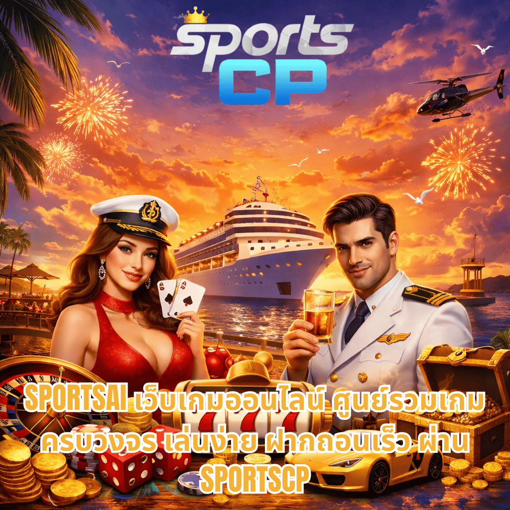 ภาพโปรโมตเกมคาสิโนธีมเรือสำราญยามพระอาทิตย์ตก มีเรือครูซขนาดใหญ่กลางทะเล พลุไฟบนท้องฟ้า พร้อมองค์ประกอบคาสิโน เช่น วงล้อรูเล็ต ลูกเต๋า เหรียญทอง สล็อต 777 รถสปอร์ต และหีบสมบัติ โดยมีตัวละครหญิงถือไพ่และชายถือแก้วเครื่องดื่ม พร้อมข้อความโปรโมต SPORTSAI เว็บเกมออนไลน์ ศูนย์รวมเกมครบวงจร เล่นง่าย ฝากถอนเร็ว ผ่าน SPORTSCP 🎰🚢