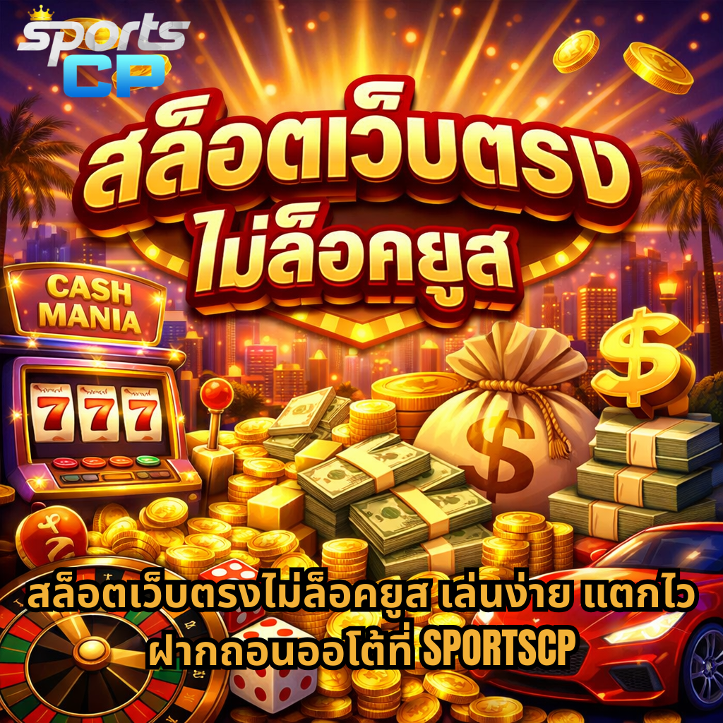 สล็อตเว็บตรงไม่ล็อคยูส ธีม Cash Mania พร้อมกองเหรียญทอง เงินสด ถุงเงิน เครื่องสล็อต 777 วงล้อรูเล็ต และรถสปอร์ต พื้นหลังเมืองคาสิโน แนะนำเล่นง่าย ฝากถอนออโต้ที่ SPORTSCP