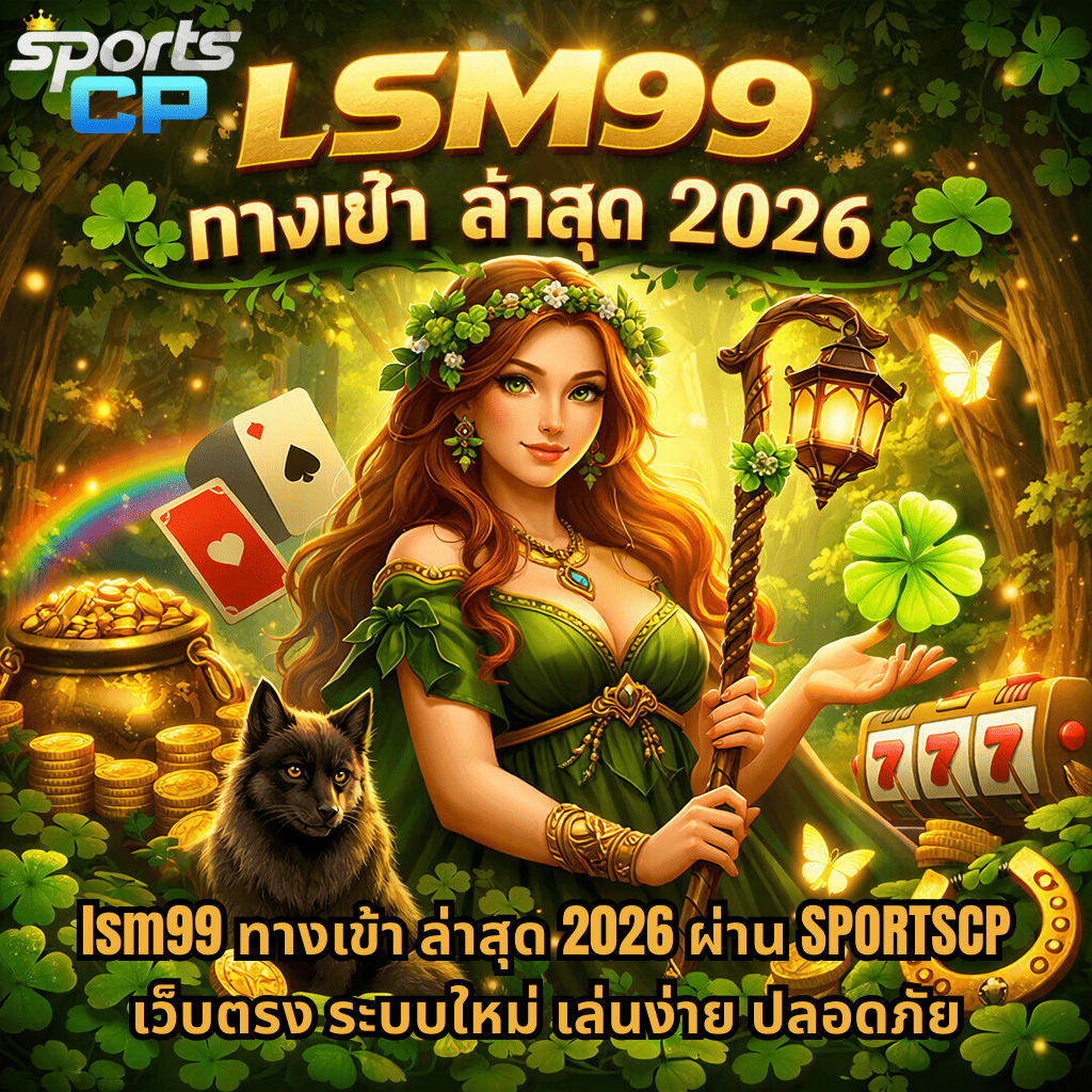 ภาพปกธีมเกม Clover Lady โทนสีเขียวทอง มีหญิงสาวสไตล์แฟนตาซีถือไม้เท้าในป่าพร้อมใบโคลเวอร์ สัญลักษณ์สล็อต 777 เหรียญทอง และข้อความ “lsm99 ทางเข้า ล่าสุด 2026” พร้อมโลโก้ SPORTSCP