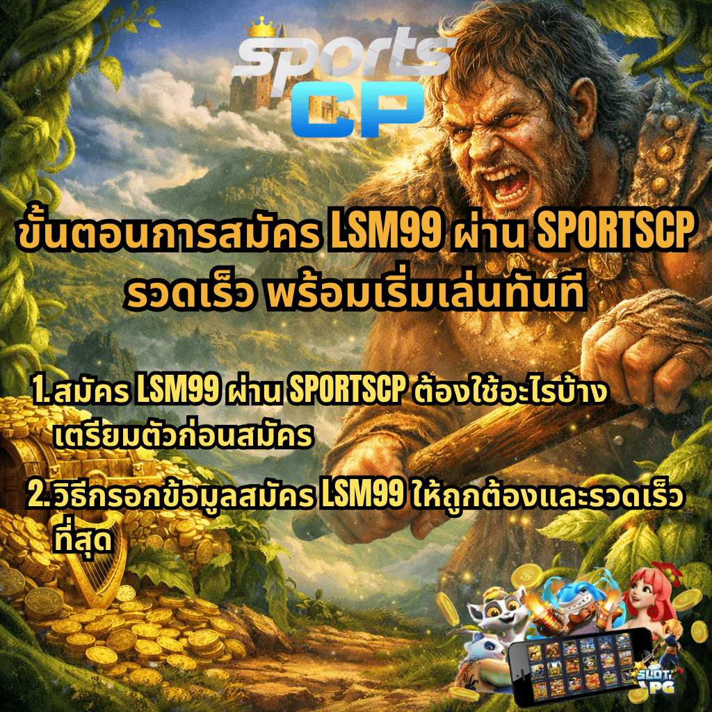 ขั้นตอนการสมัคร LSM99 ผ่าน SPORTSCP รวดเร็ว พร้อมเริ่มเล่นทันที ภาพธีม Jack the Giant Hunter ยักษ์ถือไม้กระบอง สมบัติทองคำ ปราสาทบนเมฆ พร้อมแนะนำวิธีสมัครและการกรอกข้อมูลให้ถูกต้อง