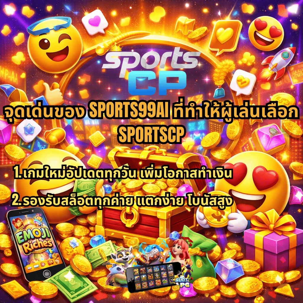 ภาพกราฟิกธีม Emoji Riches โทนสีสดใส มีอีโมจิหน้ายิ้ม หีบสมบัติเต็มไปด้วยเหรียญทอง ธนบัตร และอัญมณี พร้อมข้อความจุดเด่น SPORTS99AI เกมใหม่อัปเดตทุกวัน รองรับสล็อตทุกค่าย โบนัสสูง เล่นผ่าน SPORTSCP