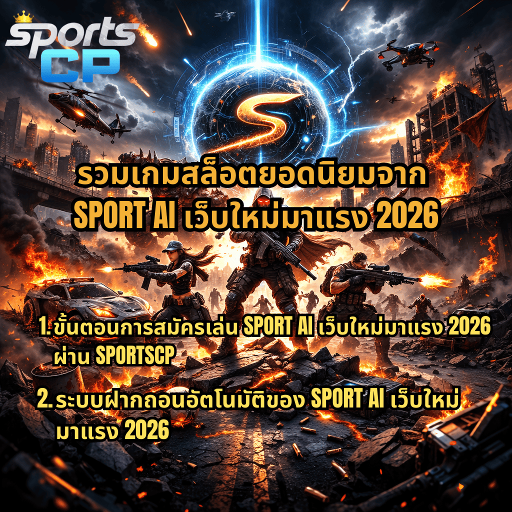 ภาพโปรโมต SPORTSCP รวมเกมสล็อตยอดนิยมจาก SPORT AI เว็บใหม่มาแรง 2026 ธีมโลกหลังหายนะ มีนักรบต่อสู้กับสัตว์ประหลาดในเมืองที่กำลังพังทลาย พร้อมข้อความเกี่ยวกับขั้นตอนการสมัครและระบบฝากถอนอัตโนมัติของ SPORT AI ปี 2026