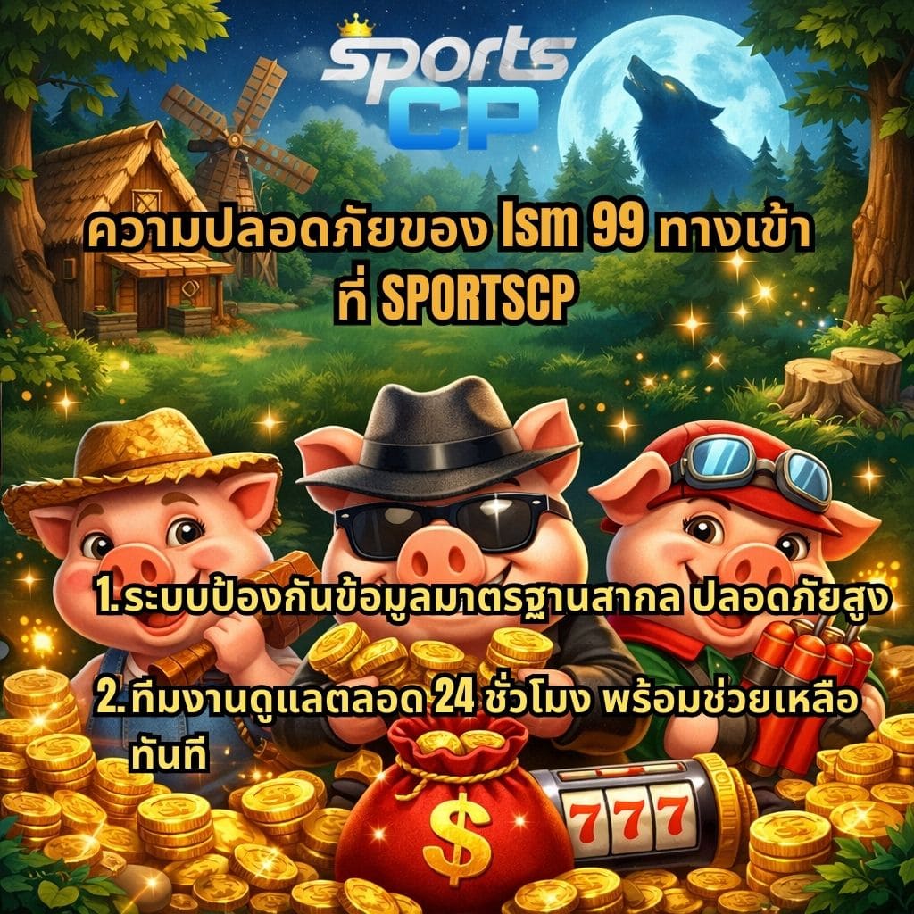 ภาพธีมเกมสล็อต Three Crazy Piggies ฉากกลางคืน มีบ้านไม้ กังหันลม และพระจันทร์เต็มดวง พร้อมหมู 3 ตัวและกองเหรียญทอง โดยมีข้อความ “ความปลอดภัยของ lsm 99 ทางเข้า ที่ SPORTSCP” และรายละเอียด “ระบบป้องกันข้อมูลมาตรฐานสากล ปลอดภัยสูง และทีมงานดูแลตลอด 24 ชั่วโมง พร้อมช่วยเหลือทันที”