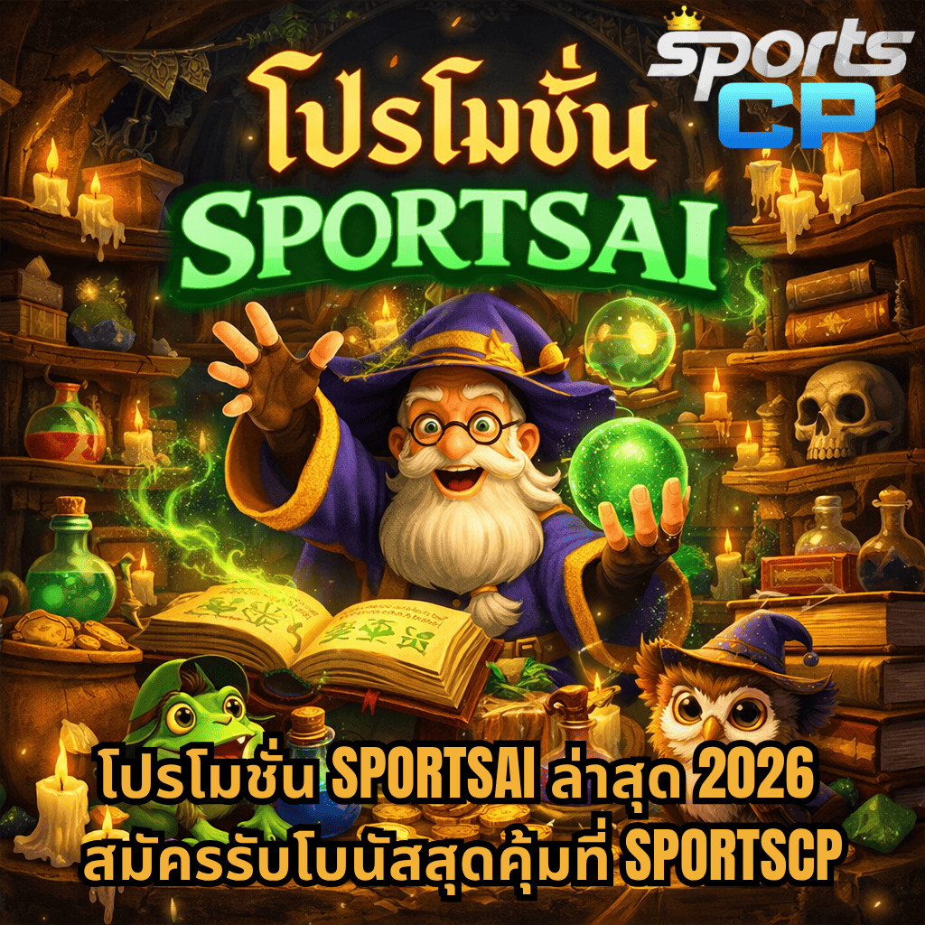 ภาพปกธีม Wizdom Wonders พ่อมดกำลังร่ายเวทในห้องเวทมนตร์ รายล้อมด้วยขวดยา หนังสือเวท เทียน และเหรียญทอง พร้อมข้อความ “โปรโมชั่น SPORTSAI” และรายละเอียดสมัครโบนัส 2026 ของ SPORTSCP