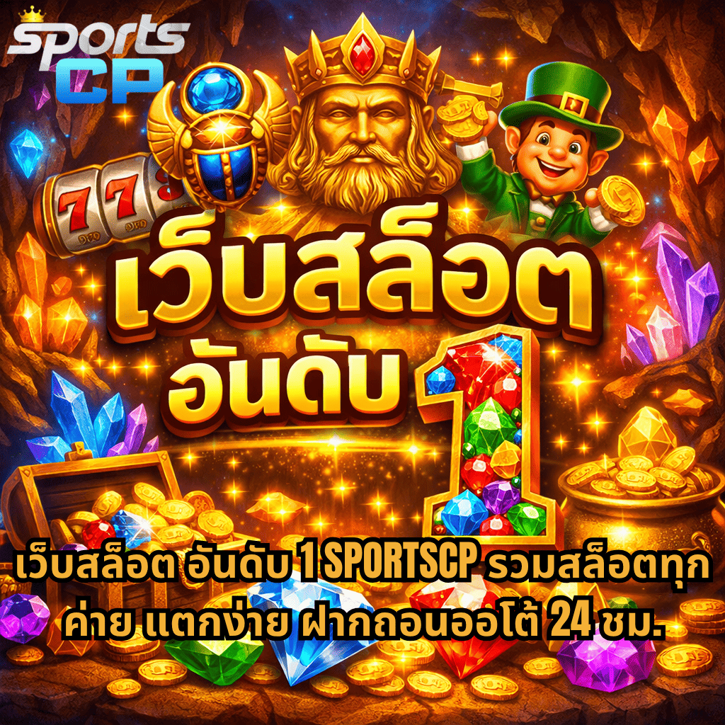 เว็บสล็อต อันดับ 1 ธีม Gemstones Gold ภาพกราฟิกถ้ำสมบัติเต็มไปด้วยทองคำ อัญมณีหลากสี หีบสมบัติ มงกุฎทอง ตัวละครแนวสล็อต และเอฟเฟกต์แสงระยิบระยับ พร้อมข้อความโปรโมต SPORTSCP และระบบฝากถอนออโต้ 24 ชั่วโมง