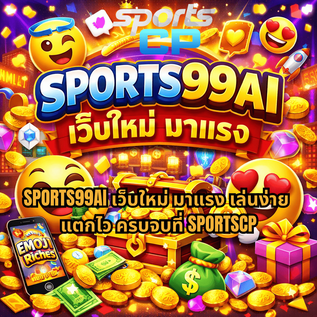 ภาพกราฟิกธีม Emoji Riches สีสันสดใส มีอีโมจิหน้ายิ้มถือเงิน หีบสมบัติเต็มไปด้วยเหรียญทอง ธนบัตร และอัญมณี พร้อมข้อความ SPORTS99AI เว็บใหม่ มาแรง เล่นง่าย แตกไว ครบจบที่ SPORTSCP