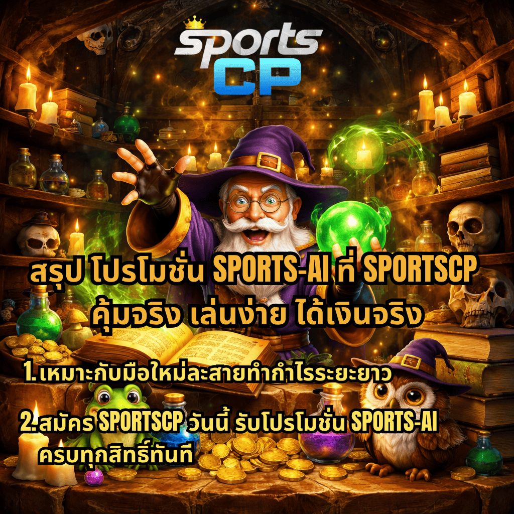 ภาพปกธีม Wizdom Wonders พ่อมดยิ้มถือพลังเวทสีเขียวในห้องเวทมนตร์ รายล้อมด้วยขวดยา หนังสือ เทียน และเหรียญทอง พร้อมข้อความ “สรุปโปรโมชั่น SPORTS-AI ที่ SPORTSCP คุ้มจริง เล่นง่าย ได้เงินจริง” และรายละเอียดเหมาะกับมือใหม่ สมัครวันนี้รับสิทธิ์โปรโมชั่นครบทันที