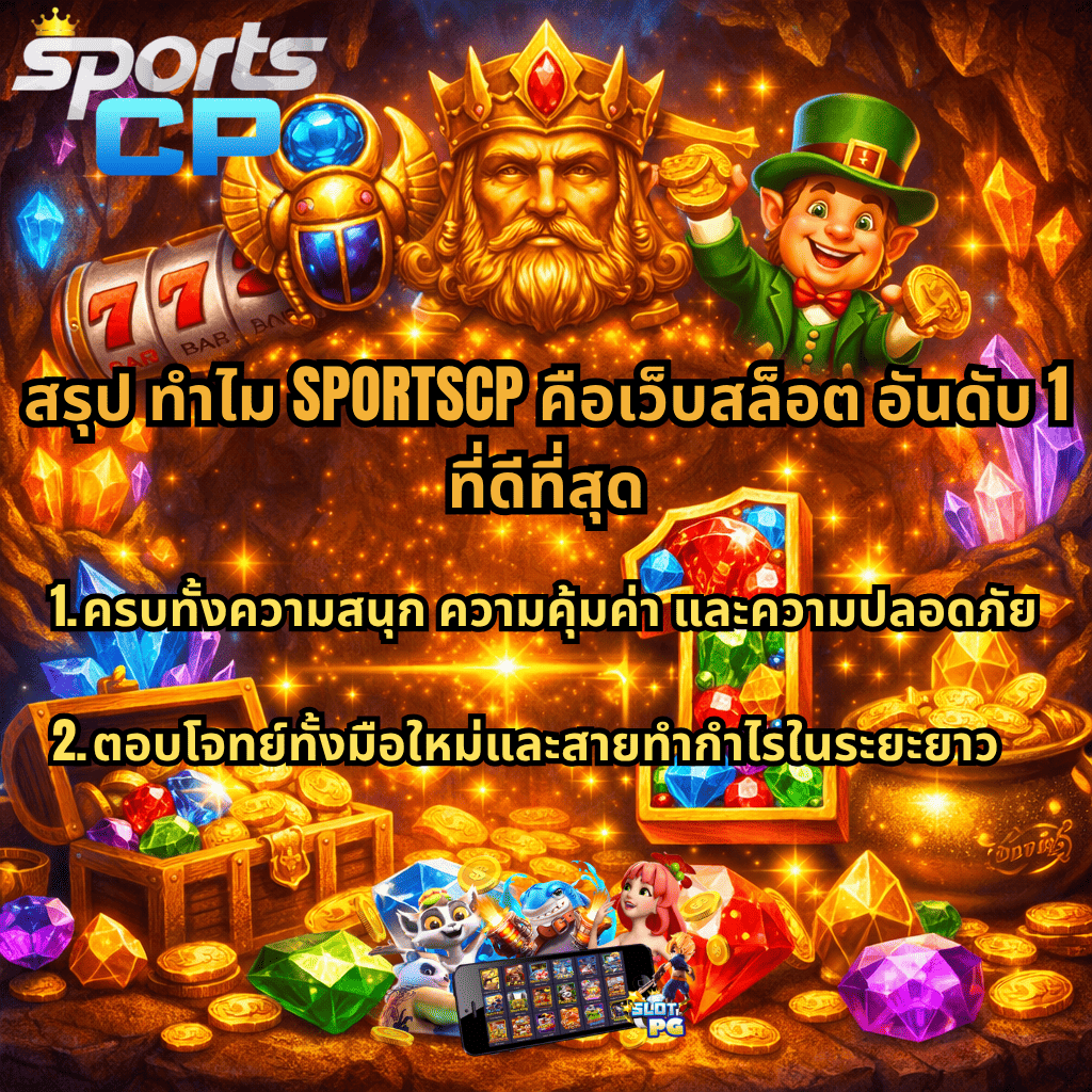 ภาพโปรโมตเว็บสล็อต SPORTSCP อันดับ 1 ธีม Gemstones Gold ภายในถ้ำสมบัติเต็มไปด้วยทองคำและอัญมณี หีบสมบัติ มงกุฎทอง และตัวละครสล็อต พร้อมข้อความสรุปจุดเด่นเรื่องความสนุก ความคุ้มค่า ความปลอดภัย และรองรับทั้งมือใหม่และสายทำกำไร พร้อมภาพมือถือแสดงเกมสล็อต PG