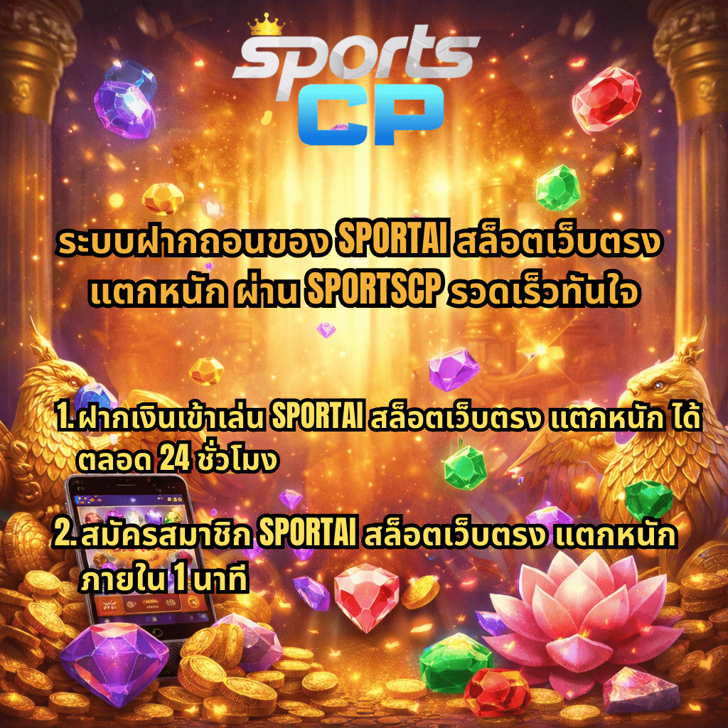 ภาพโปรโมท SPORTAI สล็อตเว็บตรง แตกหนัก ผ่านเว็บไซต์ SPORTSCP แสดงระบบฝากถอนรวดเร็ว ฝากเงินเล่นได้ตลอด 24 ชั่วโมง และสมัครสมาชิกได้ภายใน 1 นาที พื้นหลังธีมทองคำ อัญมณี และมือถือเกมสล็อตขึ้น BIG WIN