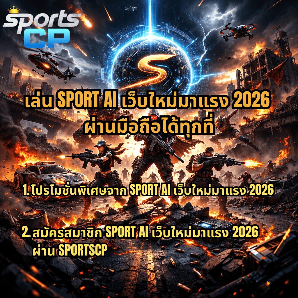 ภาพโปรโมต SPORTSCP แนะนำการเล่น SPORT AI เว็บใหม่มาแรง 2026 ผ่านมือถือได้ทุกที่ ธีมเกมโลกหลังหายนะ มีนักรบต่อสู้กับสัตว์ประหลาดในเมืองที่กำลังลุกไหม้ พร้อมข้อความเกี่ยวกับโปรโมชั่นพิเศษและการสมัครสมาชิกผ่าน SPORTSCP