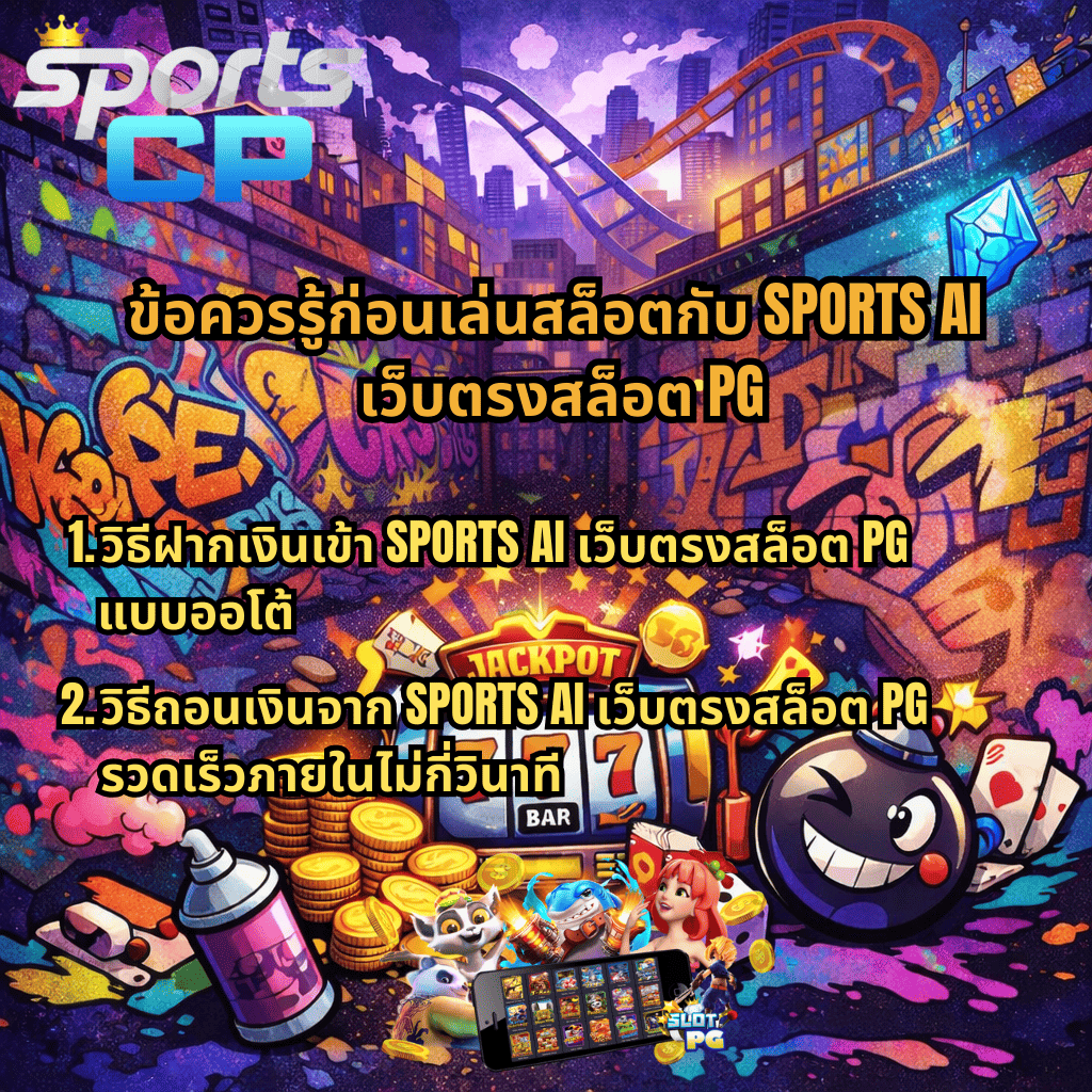 ภาพกราฟิกธีม Graffiti Rush สไตล์สตรีทอาร์ต ฉากกำแพงเมืองที่เต็มไปด้วยกราฟฟิตี้สีสันสดใส มีตู้สล็อต 777 เหรียญทอง ลูกเต๋า ระเบิดการ์ตูน และโทรศัพท์มือถือแสดงเกมสล็อต พร้อมข้อความ ข้อควรรู้ก่อนเล่นสล็อตกับ SPORTS AI เว็บตรงสล็อต PG พร้อมหัวข้อเกี่ยวกับ วิธีฝากเงินแบบออโต้และวิธีถอนเงินรวดเร็วภายในไม่กี่วินาที