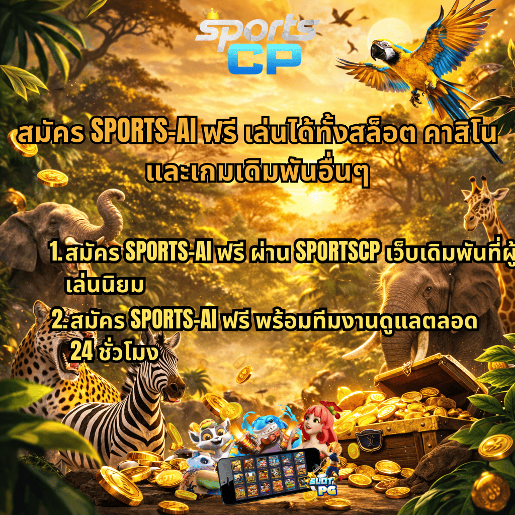 ภาพโปรโมทสมัคร SPORTS-AI ฟรี ผ่าน SPORTSCP ธีมซาฟารี ฉากป่าพร้อมสิงโต ช้าง เสือดาว ม้าลาย ยีราฟ และนกแก้ว รายล้อมหีบสมบัติและเหรียญทอง มีข้อความโปรโมทสมัคร SPORTS-AI ฟรี เล่นได้ทั้งสล็อต คาสิโน และเกมเดิมพันอื่นๆ พร้อมทีมงานดูแลตลอด 24 ชั่วโมง และภาพสล็อต PG บนมือถือด้านล่าง