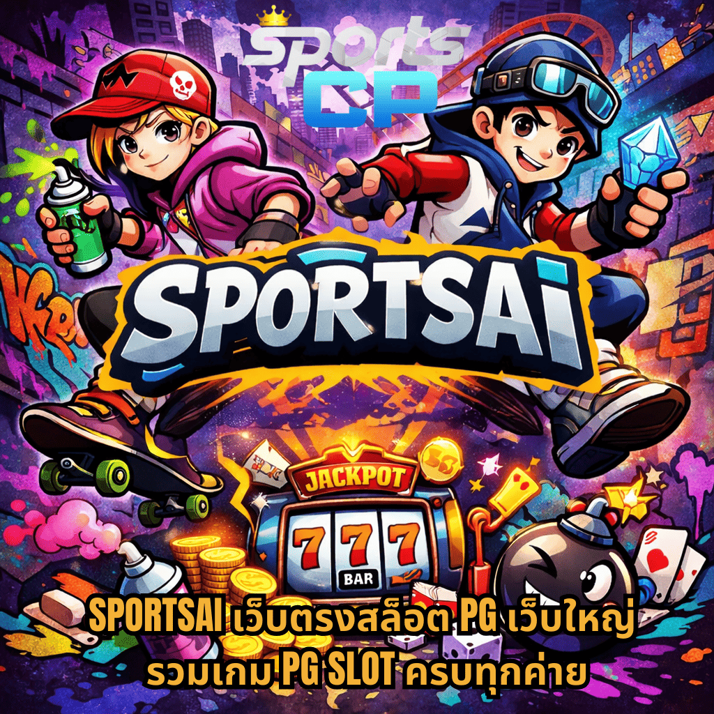 ภาพกราฟิกธีม Graffiti Rush สีสันสดใส สไตล์สตรีทอาร์ต มีตัวละครวัยรุ่นถือสเปรย์และคริสตัล พร้อมสเก็ตบอร์ด ฉากหลังเป็นเมืองกราฟฟิตี้ มีตู้สล็อต 777 เหรียญทอง ลูกเต๋า และระเบิดการ์ตูน พร้อมข้อความ SPORTSAI เว็บตรงสล็อต PG เว็บใหญ่ รวมเกม PG SLOT ครบทุกค่าย