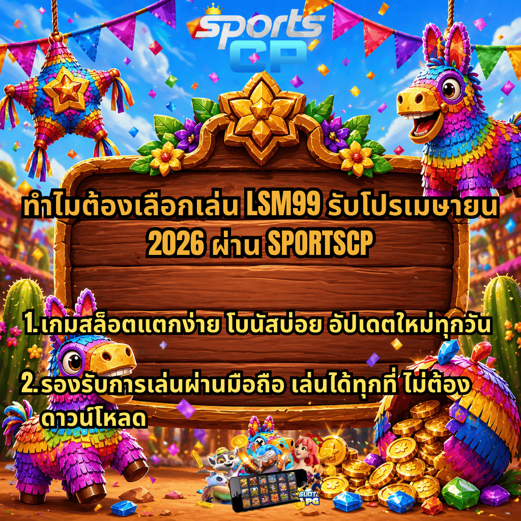 ภาพกราฟิกธีมแฟียสต้าสีสันสดใส มีปิญาต้าลา ธงประดับ และเหรียญทองล้นกระจาย พร้อมป้ายไม้ตรงกลาง แสดงข้อความเกี่ยวกับ LSM99 รับโปรเมษายน 2026 ผ่าน SPORTSCP จุดเด่นเกมสล็อตแตกง่าย โบนัสบ่อย อัปเดตใหม่ทุกวัน และรองรับการเล่นผ่านมือถือโดยไม่ต้องดาวน์โหลด บรรยากาศสนุกสนานสไตล์งานเฉลิมฉลอง