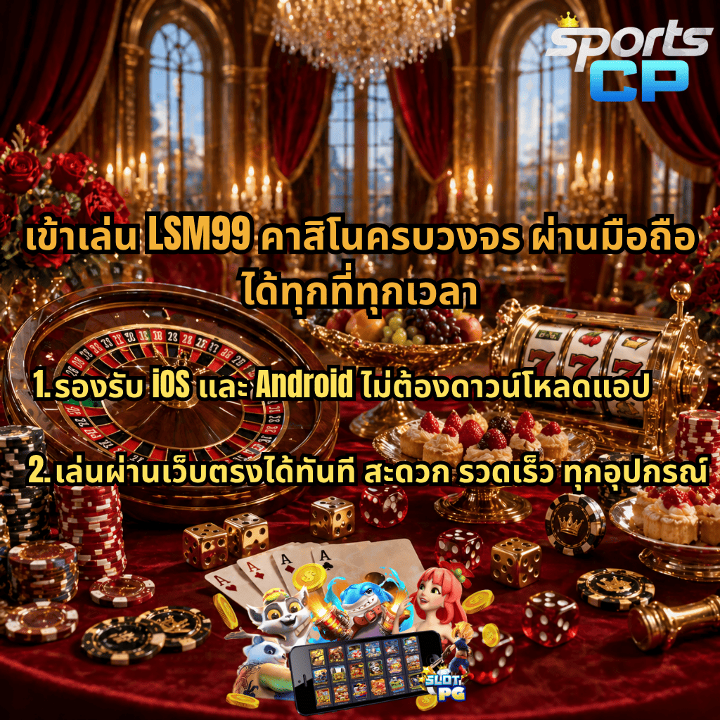 แบนเนอร์โปรโมต LSM99 คาสิโนครบวงจร ใช้งานผ่านมือถือได้ทุกที่ทุกเวลา พื้นหลังห้องจัดเลี้ยงหรูสไตล์ราชวัง มีรูเล็ต สล็อตแมชชีน ไพ่ ชิปคาสิโน และของหวาน พร้อมข้อความระบุรองรับ iOS และ Android ไม่ต้องดาวน์โหลดแอป เล่นผ่านเว็บตรงได้ทันที สะดวกรวดเร็วทุกอุปกรณ์ มีโลโก้ SPORTSCP มุมขวาบน และภาพมือถือแสดงเกมสล็อตด้านล่าง