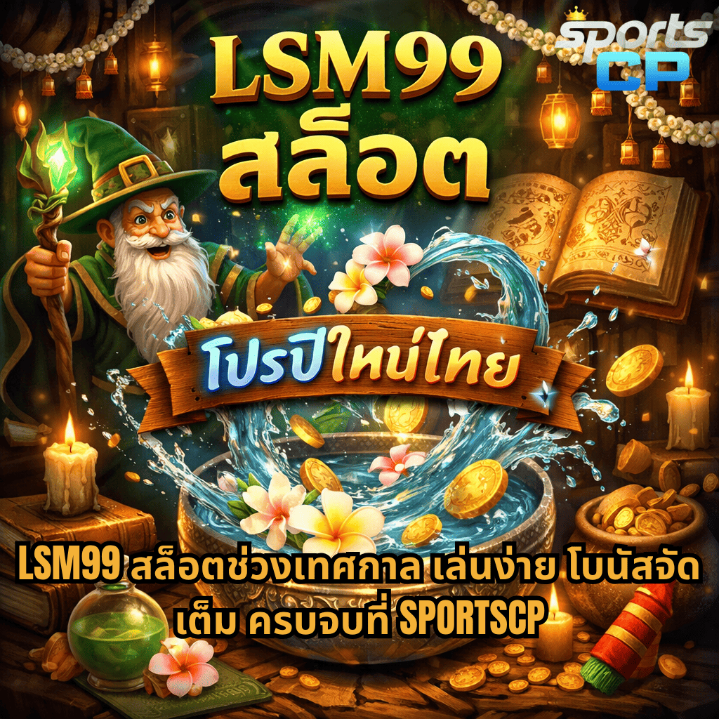 ภาพกราฟิกธีมแฟนตาซี Wizdom Wonders แสดงพ่อมดสวมชุดสีเขียวกำลังร่ายเวทมนตร์เหนือขันน้ำที่มีน้ำกระเซ็นเป็นวง พร้อมเหรียญทองและดอกไม้ลอยอยู่รอบ ๆ มีหนังสือเวทมนตร์ เทียน และขวดน้ำยาอยู่ฉากหลัง บรรยากาศอบอุ่นลึกลับ พร้อมข้อความ “LSM99 สล็อต โปรปีใหม่ไทย” และข้อความโปรโมตด้านล่างเกี่ยวกับสล็อตช่วงเทศกาลและเว็บไซต์ SPORTSCP