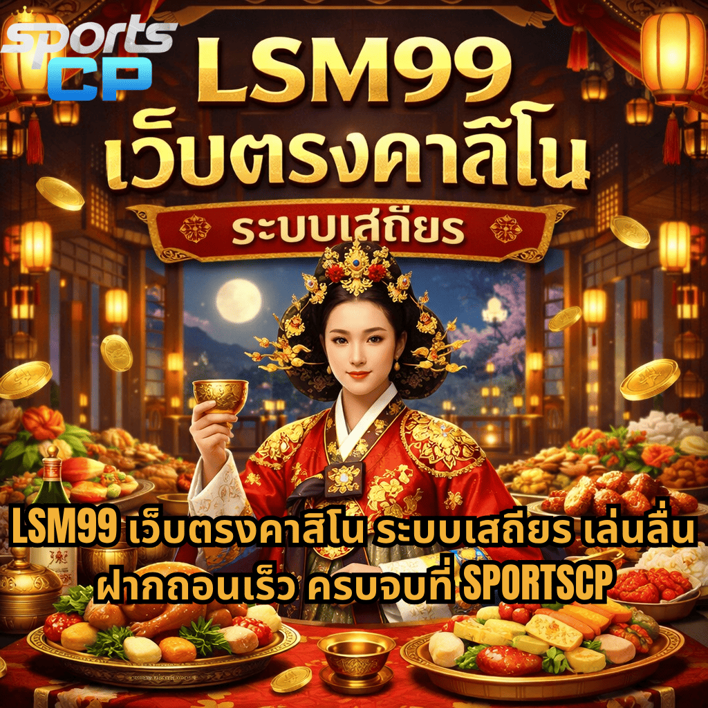 ภาพบรรยากาศงานเลี้ยงราชสำนักสไตล์เอเชียหรูหราในธีม The Queen’s Banquet มีโต๊ะอาหารจัดเต็มด้วยเมนูหลากหลายและเหรียญทองลอยอยู่รอบฉาก กลางภาพเป็นหญิงสวมชุดราชินีสีแดงทอง พร้อมข้อความโปรโมต LSM99 เว็บตรงคาสิโน ระบบเสถียร เล่นลื่น ฝากถอนเร็ว ครบจบที่ SPORTSCP