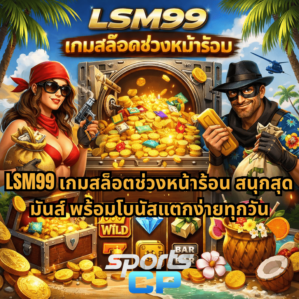 ภาพโปรโมท LSM99 เกมสล็อตช่วงหน้าร้อน ธีมโจรปล้นสมบัติ มีตู้เซฟทองคำ เหรียญทองล้น พร้อมตัวละครชายหญิง และบรรยากาศชายหาด พร้อมโลโก้ SPORTSCP