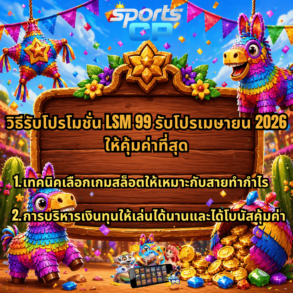 ภาพกราฟิกธีมเทศกาลสีสันสดใส มีปิญาต้าลา ธงประดับ และเหรียญทองจำนวนมาก พร้อมป้ายไม้กลางภาพ แสดงเนื้อหาเกี่ยวกับวิธีรับโปรโมชั่น LSM99 รับโปรเมษายน 2026 ให้คุ้มค่าที่สุด เน้นเทคนิคเลือกเกมสล็อตให้เหมาะกับสายทำกำไร และการบริหารเงินทุนเพื่อเล่นได้นานและรับโบนัสคุ้มค่า บรรยากาศสนุกสนานสไตล์งานเฉลิมฉลอง