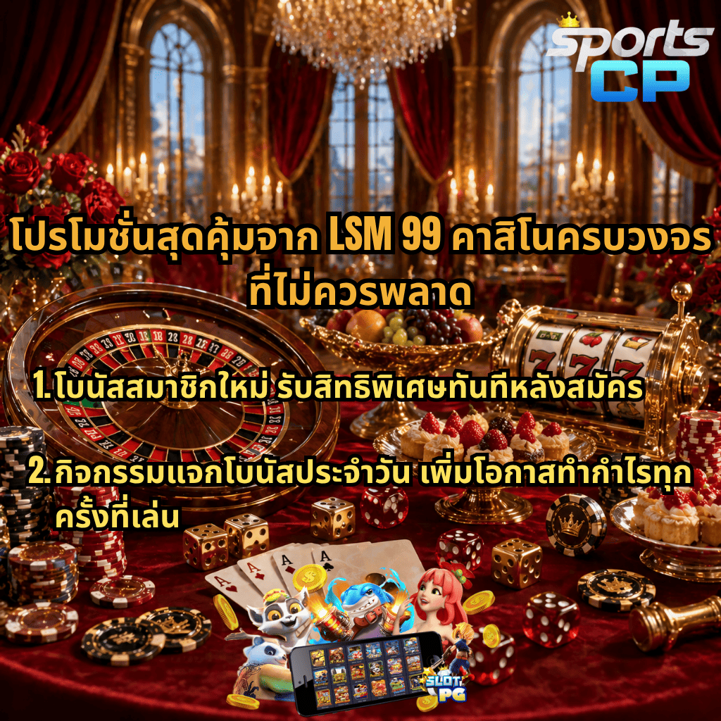 แบนเนอร์โปรโมต LSM99 คาสิโนครบวงจร พร้อมโปรโมชั่นสุดคุ้ม พื้นหลังห้องจัดเลี้ยงหรูสไตล์ราชวัง มีรูเล็ต สล็อตแมชชีน ไพ่ ชิปคาสิโน และของหวาน ข้อความระบุโบนัสสมาชิกใหม่ รับสิทธิพิเศษทันทีหลังสมัคร และกิจกรรมแจกโบนัสประจำวันเพิ่มโอกาสทำกำไรทุกครั้งที่เล่น มีโลโก้ SPORTSCP มุมขวาบน พร้อมภาพมือถือแสดงเกมสล็อตด้านล่าง