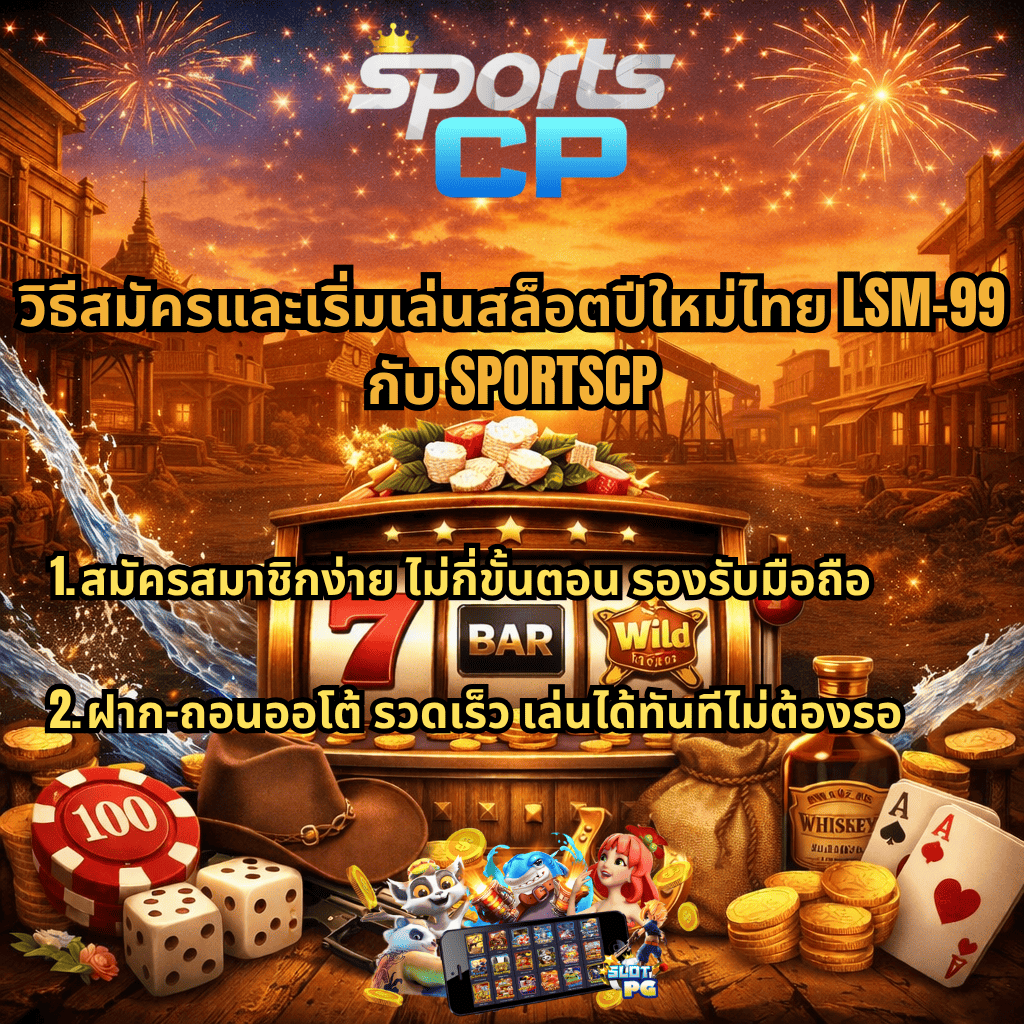 ภาพโปรโมชันสล็อตธีมคาวบอยผสมสงกรานต์ มีเกมสล็อตอยู่กลางฉาก ล้อมด้วยเหรียญทอง ไพ่ ลูกเต๋า หมวกคาวบอย และพลุไฟ พร้อมข้อความ “วิธีสมัครและเริ่มเล่นสล็อตปีใหม่ไทย LSM-99 กับ SPORTSCP สมัครง่าย รองรับมือถือ และฝาก-ถอนออโต้ รวดเร็ว เล่นได้ทันที”