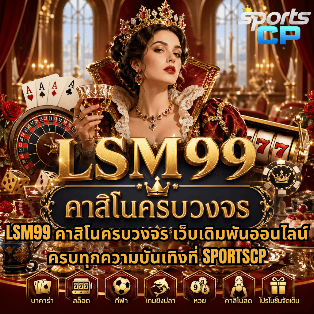 แบนเนอร์โปรโมต LSM99 คาสิโนครบวงจร ธีมราชินีหรูหราในห้องจัดเลี้ยงสีทอง มีรูเล็ต ไพ่ สล็อตแมชชีน ชิปคาสิโน และของหวานหรู พร้อมข้อความประชาสัมพันธ์เว็บเดิมพันออนไลน์ SPORTSCP ครบทุกความบันเทิง ทั้งบาคาร่า สล็อต กีฬา เกมยิงปลา หวย คาสิโนสด และโปรโมชั่นจัดเต็ม
