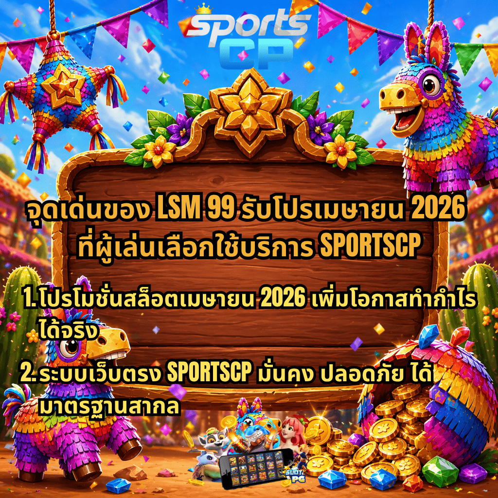 ภาพกราฟิกธีมงานเทศกาลสีสันสดใส มีปิญาต้าลา ธงหลากสี และเหรียญทองจำนวนมาก พร้อมป้ายไม้กลางภาพ แสดงเนื้อหาเกี่ยวกับจุดเด่นของ LSM99 รับโปรเมษายน 2026 ผ่าน SPORTSCP เน้นโปรโมชั่นสล็อตเพิ่มโอกาสทำกำไร และระบบเว็บตรงที่มั่นคง ปลอดภัย ได้มาตรฐานสากล บรรยากาศสนุกสนานสไตล์งานเฉลิมฉลอง