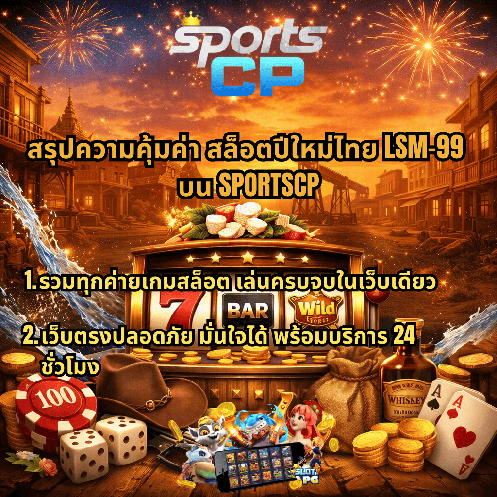 ภาพโปรโมชันสล็อตธีมคาวบอยผสมสงกรานต์ มีตู้สล็อตอยู่กลางฉาก ล้อมด้วยเหรียญทอง ไพ่ ลูกเต๋า หมวกคาวบอย และพลุไฟ พร้อมข้อความ “สรุปความคุ้มค่า สล็อตปีใหม่ไทย LSM-99 บน SPORTSCP รวมทุกค่ายเกมสล็อต และเว็บตรงปลอดภัย บริการตลอด 24 ชั่วโมง”
