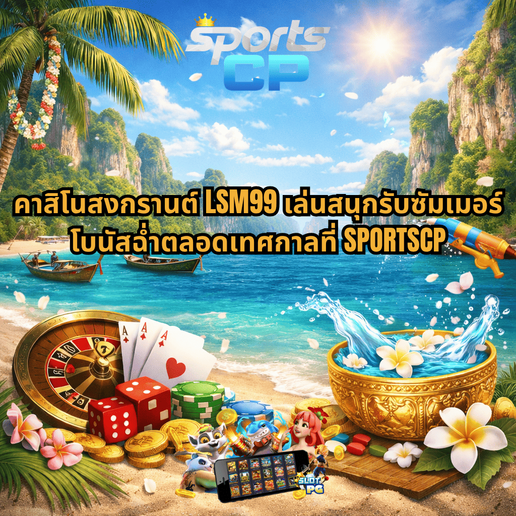 คาสิโนสงกรานต์ LSM99 บนชายหาดทะเลไทย ธีม Songkran Festival มีปืนฉีดน้ำ ขันน้ำลายดอกไม้ วงล้อรูเล็ต ไพ่ ลูกเต๋า ชิปคาสิโน เหรียญทอง และเรือหางยาว พร้อมโลโก้ SPORTSCP บนท้องฟ้า