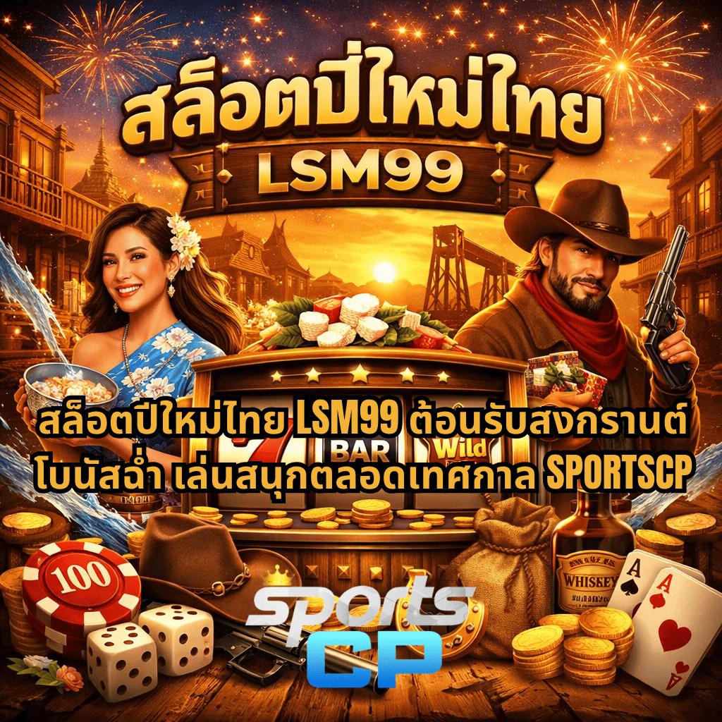 ภาพปกสล็อตธีมคาวบอยผสมสงกรานต์ แสดงเกมสล็อตกลางฉาก ล้อมด้วยเหรียญทอง ไพ่ ลูกเต๋า หมวกคาวบอย และพลุไฟด้านหลัง พร้อมข้อความ “สล็อตปีใหม่ไทย LSM99 ต้อนรับสงกรานต์ โบนัสฉ่ำ เล่นสนุกตลอดเทศกาล SPORTSCP”