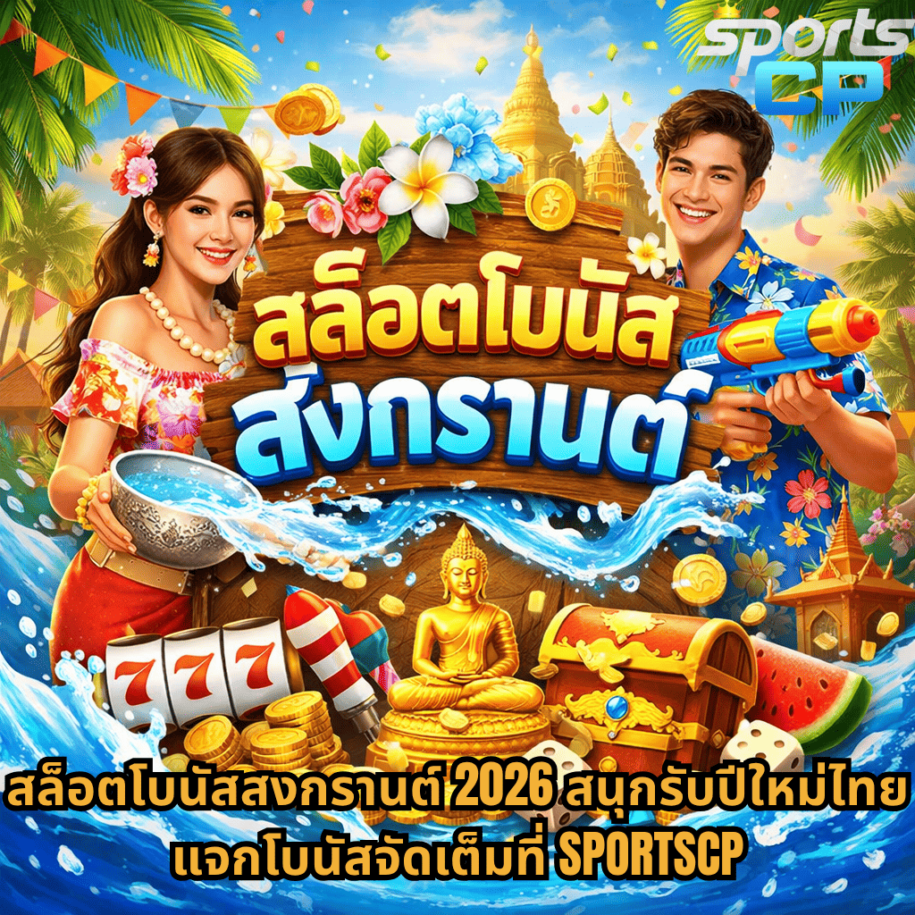 ภาพโปรโมชันสล็อตธีมสงกรานต์สุดคึกคัก มีชายหญิงถือปืนฉีดน้ำและขันน้ำ พร้อมบรรยากาศน้ำสาด เหรียญทอง สล็อต 777 พระพุทธรูป และหีบสมบัติ พร้อมข้อความ “สล็อตโบนัสสงกรานต์ 2026 สนุกรับปีใหม่ไทย แจกโบนัสจัดเต็มที่” โดยเว็บไซต์ SPORTSCP